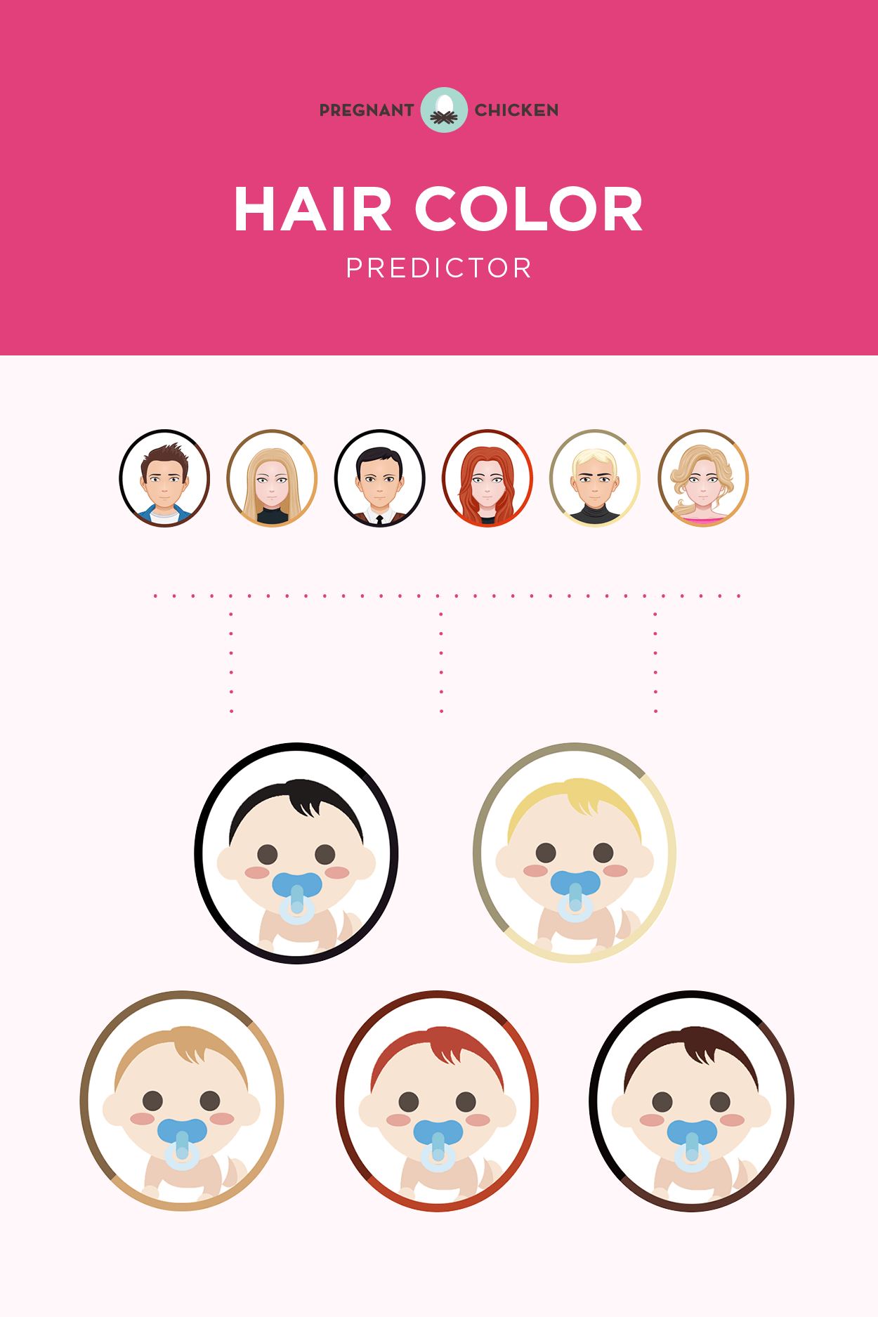 Baby Hair Color PredictorUse this fun baby hair color predictor tool to find out what the genetic probability is that your child will have a certain color of lovely locks. Let me know if it guessed correctly for your baby!