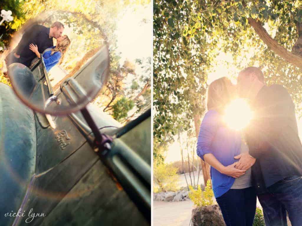 pregnant couple in the rear view mirror of vintage car