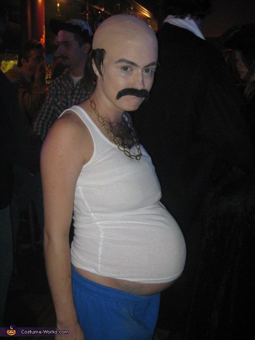 Pregnant woman in a DIY 'man' costume
