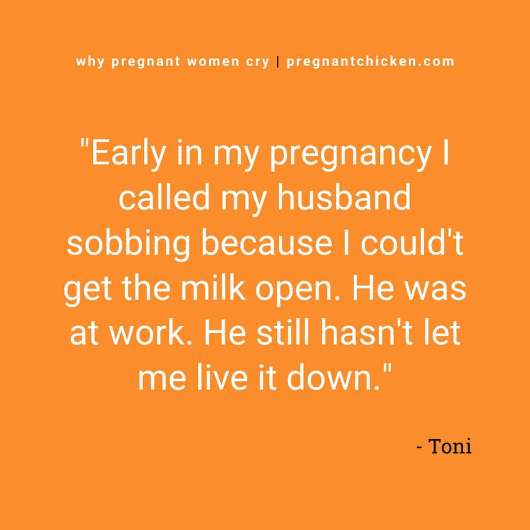 Text reads "early in my pregnancy I called my husband sobbing because I couldn't get the milk open. He was at work. He still hasn't let me live it down."