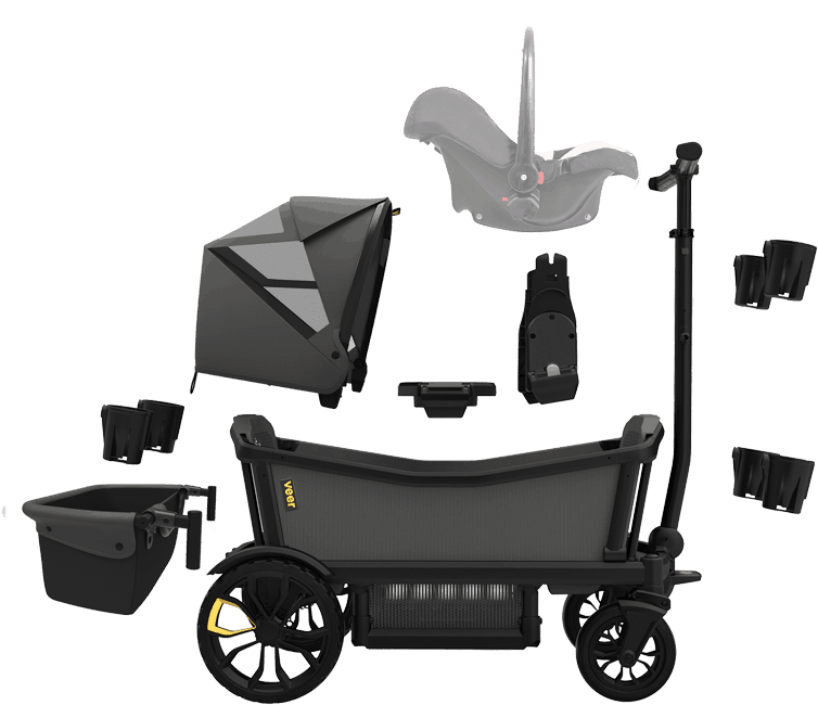 profile shot of Veer Cruiser with accessories including additional cup holders, infant seat attachment, and basket
