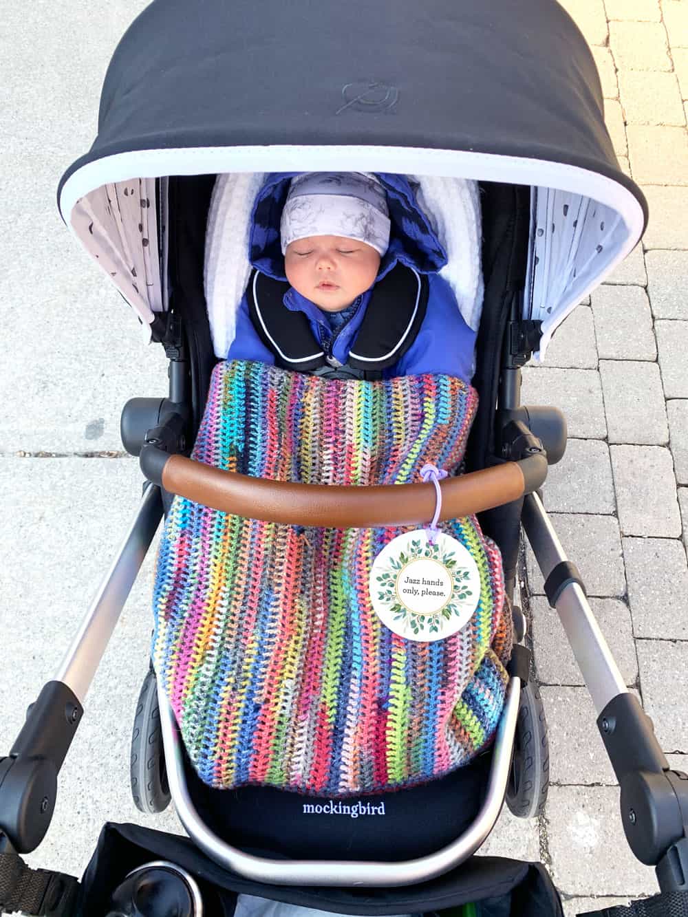Baby in stroller with a "do not touch" stroller sign