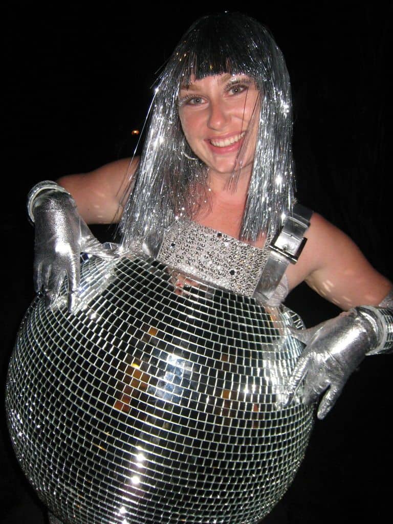 Woman dressed in silver DIY disco ball costume