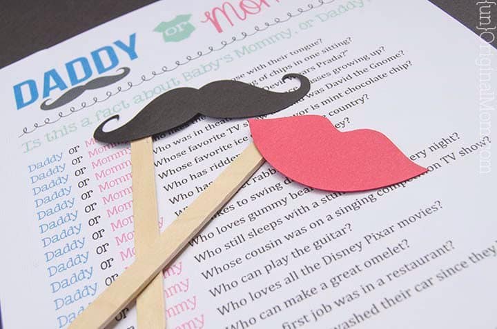 mom or dad quiz with moustache and lip cutouts