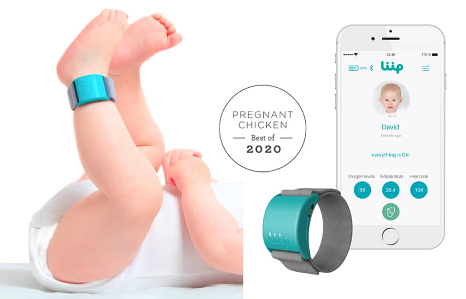 Baby wearing Liip Baby Monitor beside a phone with the app