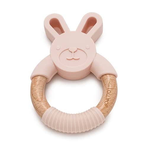 pink bunny silicone and wood teether
