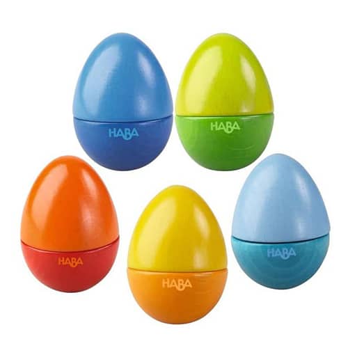 haba musical shaker eggs made from wood. Five different colors.