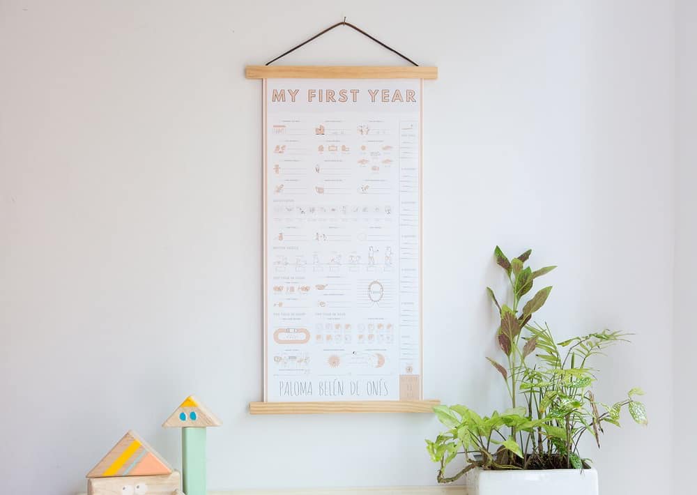 custom calendar hanging on the wall that all the stats from baby's first year