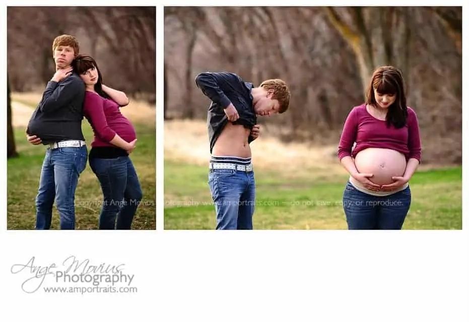 funny maternity photography session with husband and pregnant wife