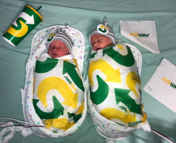 twins wrapped up as subway sandwiches