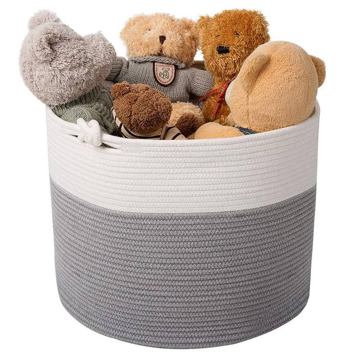 cotton toy bin filled with stuffed bears