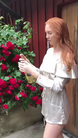 Gif of woman dropping sparkling wine on ground and it spraying her in the face