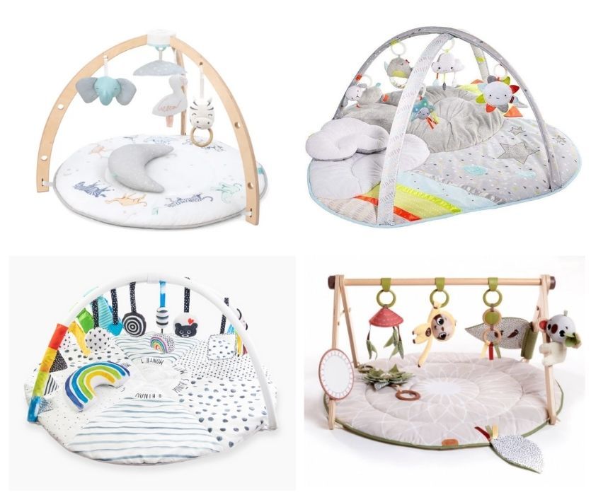 Four squares comparing similar play gyms - aden and anais play and discover, skip hop silver lining cloud activity gym, sassy tummy time play gym and tiny love boho chic luxe developmental baby gymini