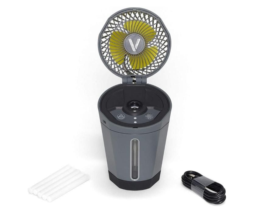 Product shot of Veer misting fan with charging cord.
