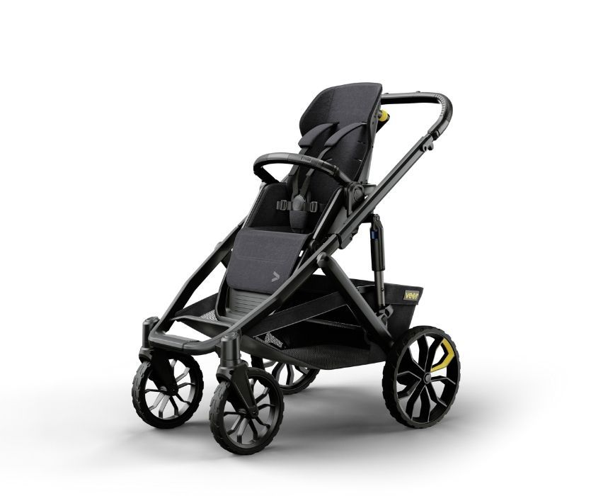Product shot of Veer Switch&Roll four-wheeled stroller with black seat, and black frame.