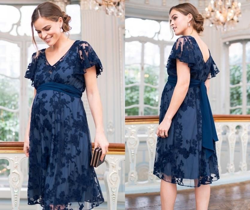 Pregnant Woman in Navy Blue Floral Lace Maternity to Nursing Occasion Dress