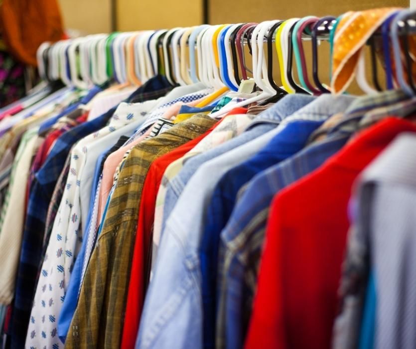 row of clothing in Canadian thrift store