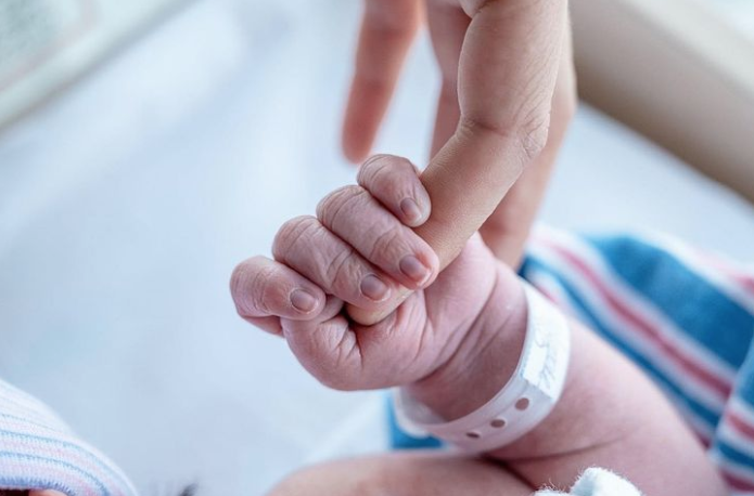 Close up color photo of newborn's wrinkly fingers holding onto parent's finger.