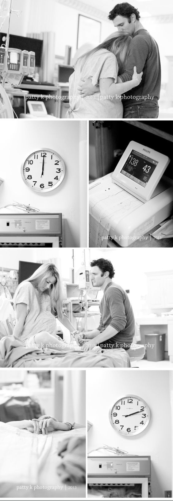 Collection of images in black and white of scenes from hospital room while in labor: clock, mom's hands, mom and dad holding hands, and blood pressure readouts.