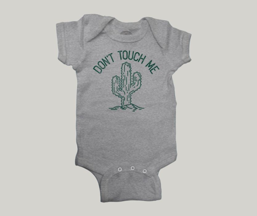 don't touch me cactus gray baby onesie
