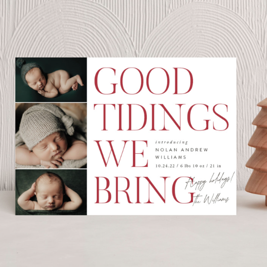 good tidings we bring with three baby pictures on a card