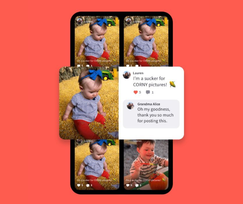 five photos in the tinybeans app with comments from family members