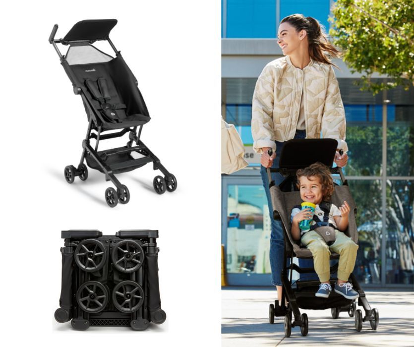 Munchkin Sparrow Stroller unfolded and folded with picture of woman pushing a child in one