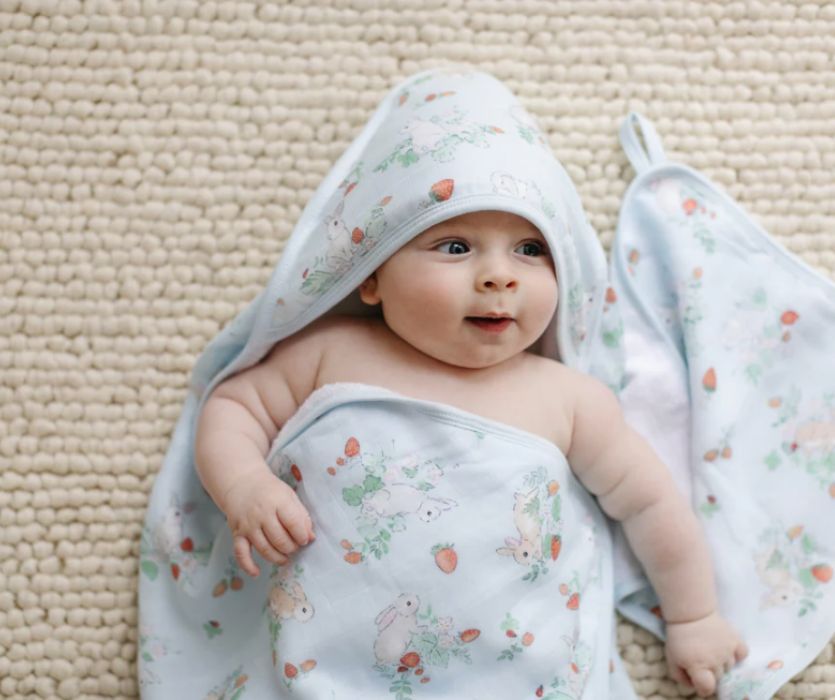 baby wearing a bunny hooded towel set