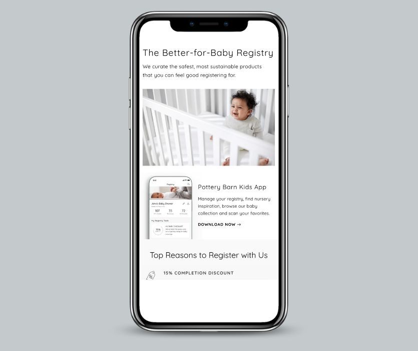Potterybarn Kids baby registry landing page with baby in crib