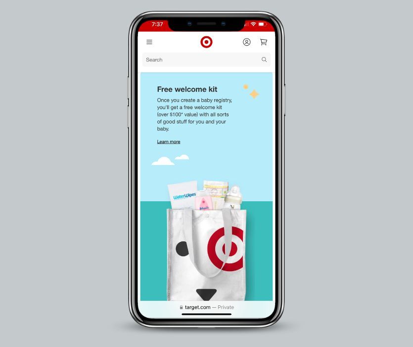 Target free welcome kit shown on a phone for a baby registry