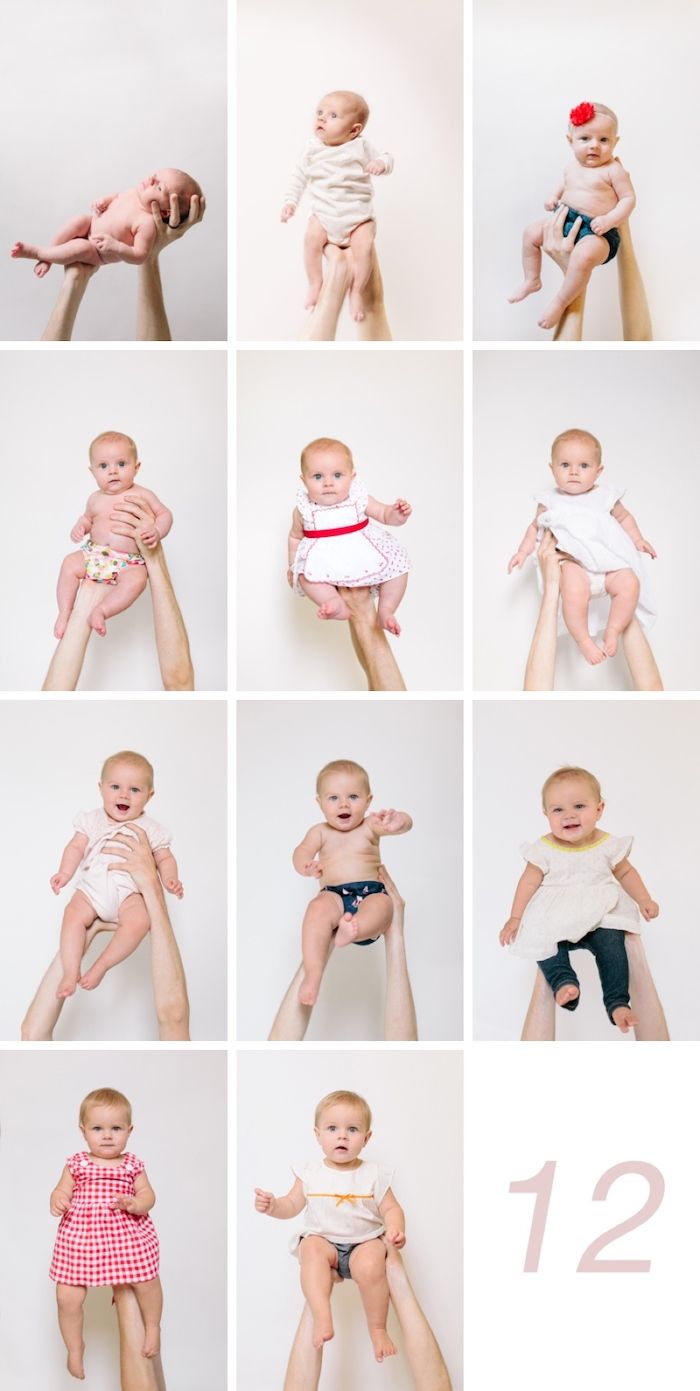 12 photos of a baby being held up by parent over 12 months