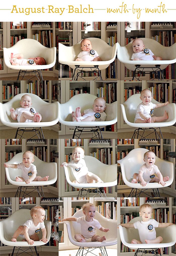 12 images taken each month of baby boy in a white chair