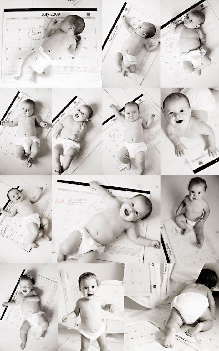 black and white montly baby photos on desk calendar