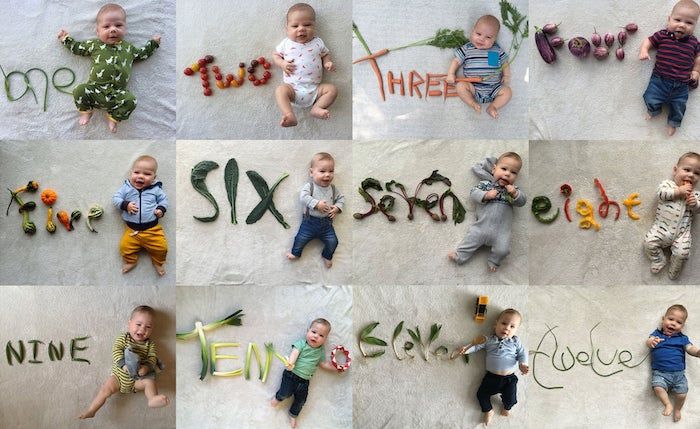 month by month baby photos with the numbers spelled out in vegetables