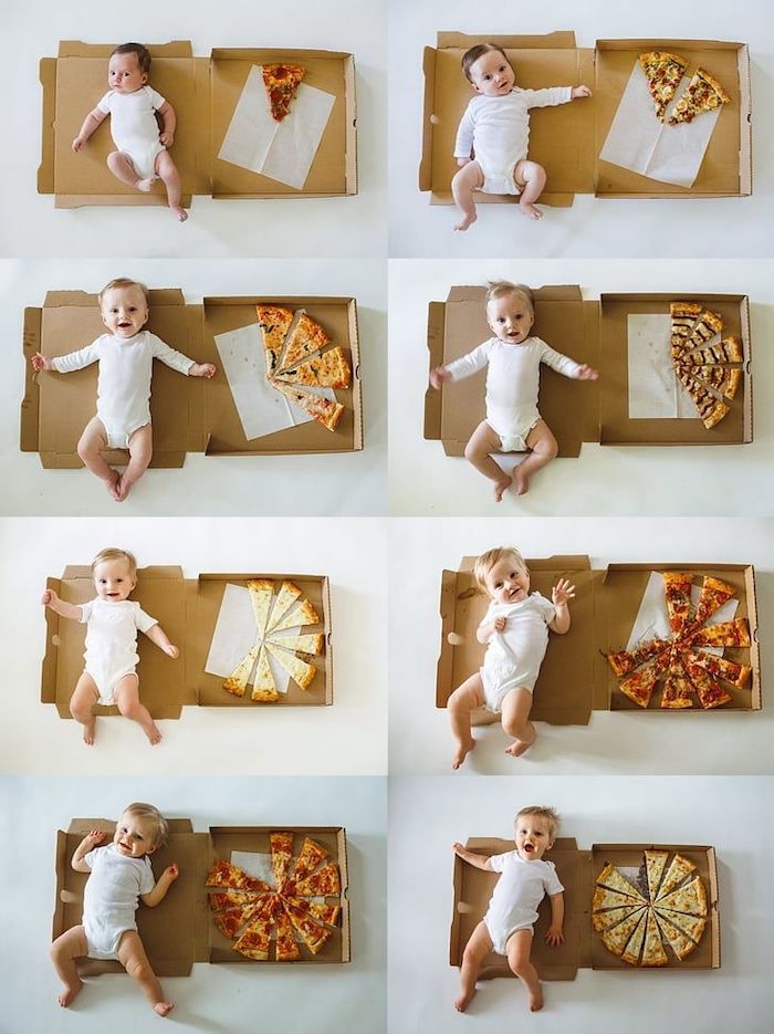 baby month photos shown with pizza boxes and pizza