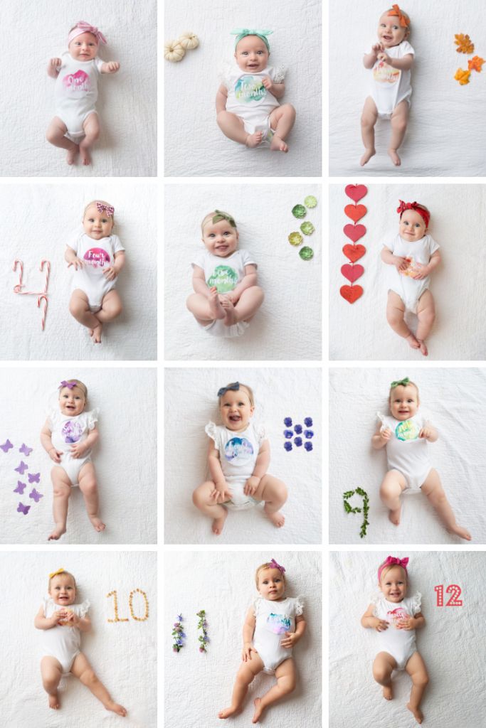 month by month photos with baby girl next to numbers created with household items
