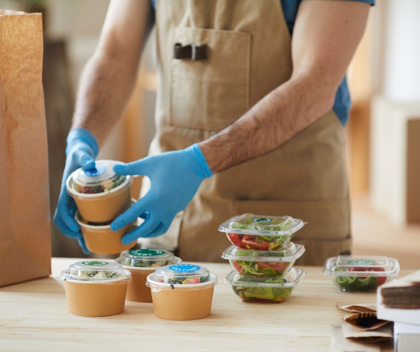 man packing healthy salad and delivering