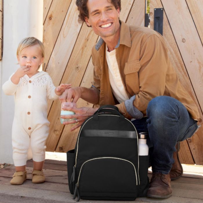 Envi Luxe Backpack Diaper Bag with child and dad