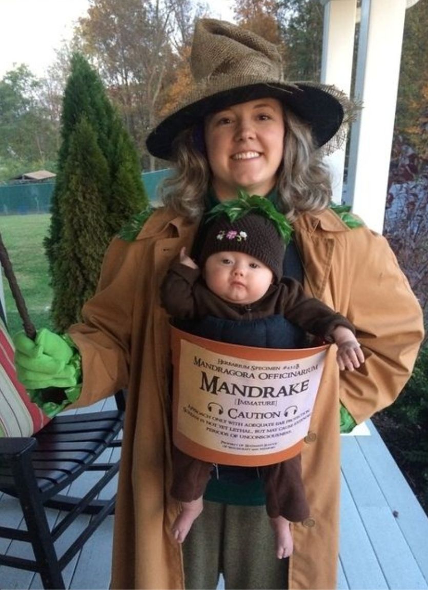 mother and baby wearing mandrake harry potter costumes