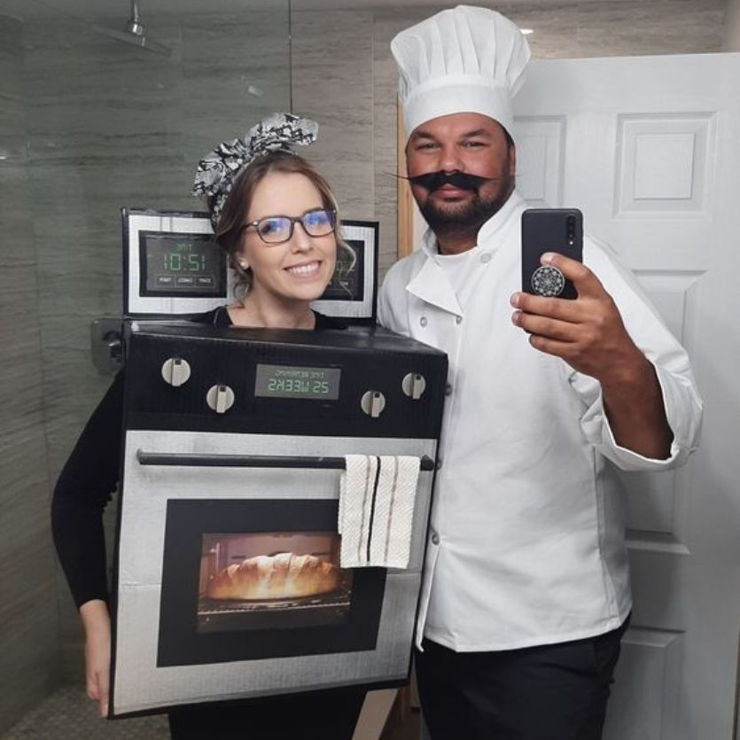 bread in the oven and baker couple costume