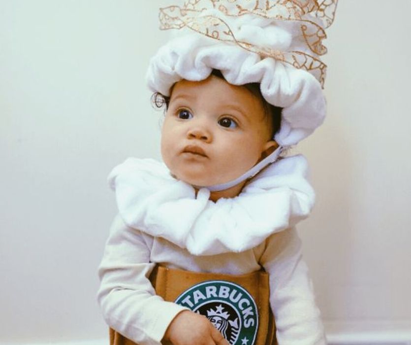 baby dressed as homemade starbucks costume