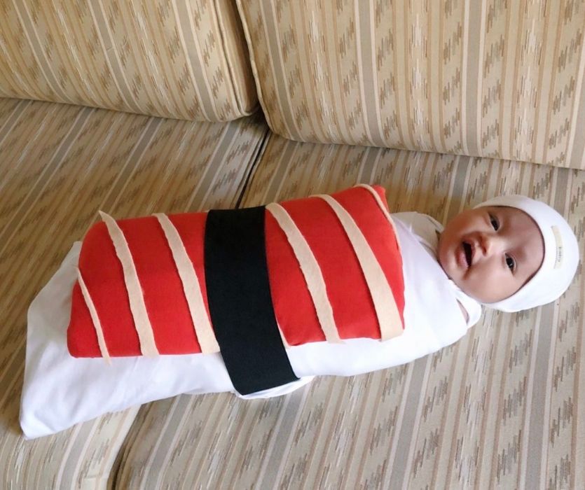 newborn dressed in diy sushi costume