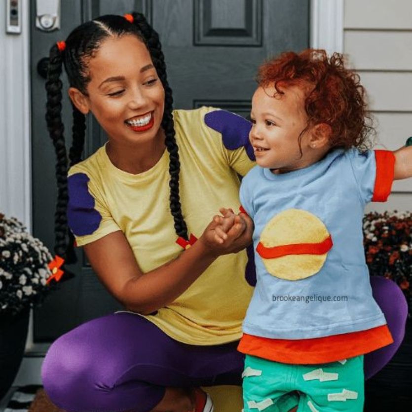 mom and toddler dressed in DIY rugrats halloween costume