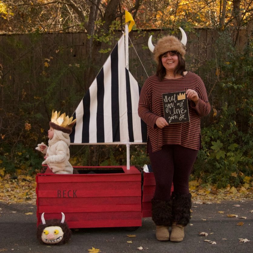 mom and toddler in a where the wild things are wagon costume