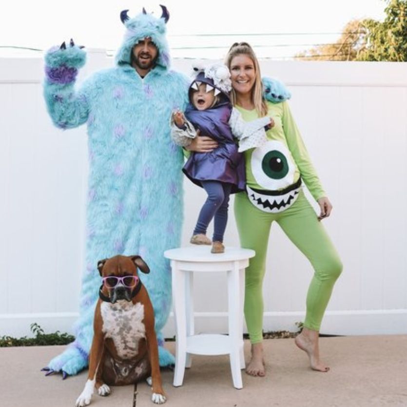 Monsters Inc family costume with baby, dog and pregnant mom