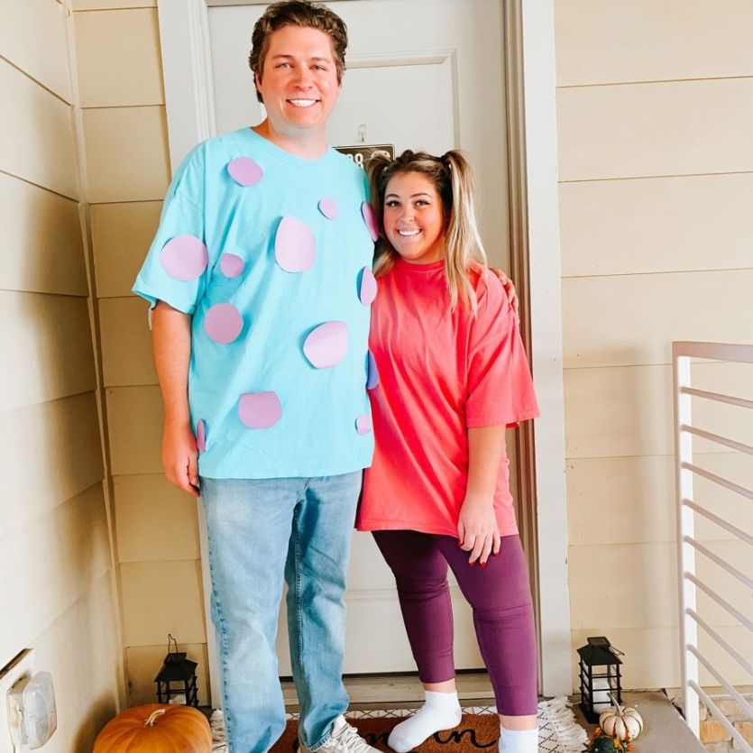 couple dressed in homemade Monsters Inc. costumes