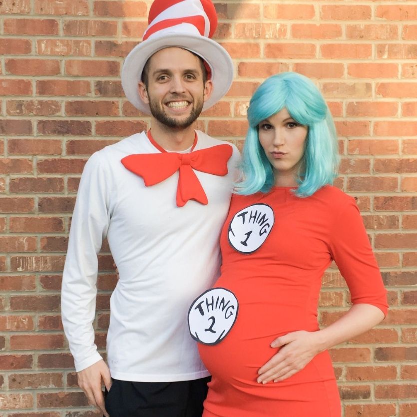 couple in a Thing 1 & 2 and the Cat in the Hat halloween costume