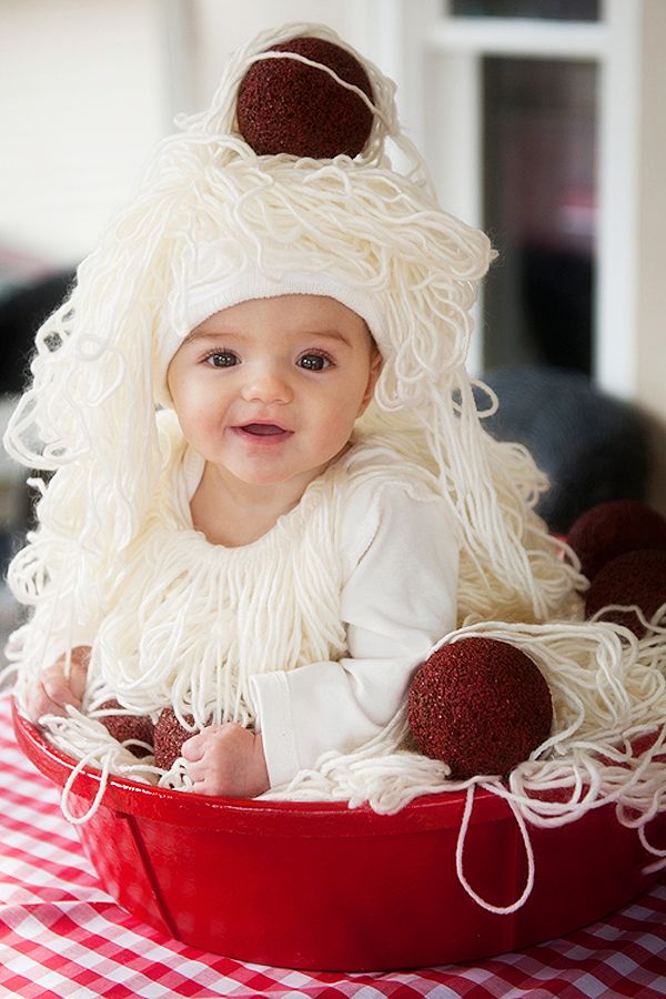baby dressed in homemade pasta halloween costume