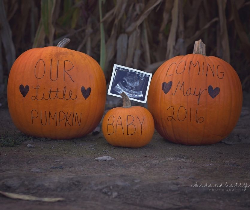 three pumkins that say our little pumpkin coming may 2015 with ultrasound photo