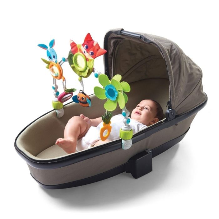 baby in stroller bassinet with Tiny Love Meadow Days Sunny Stroll Arch